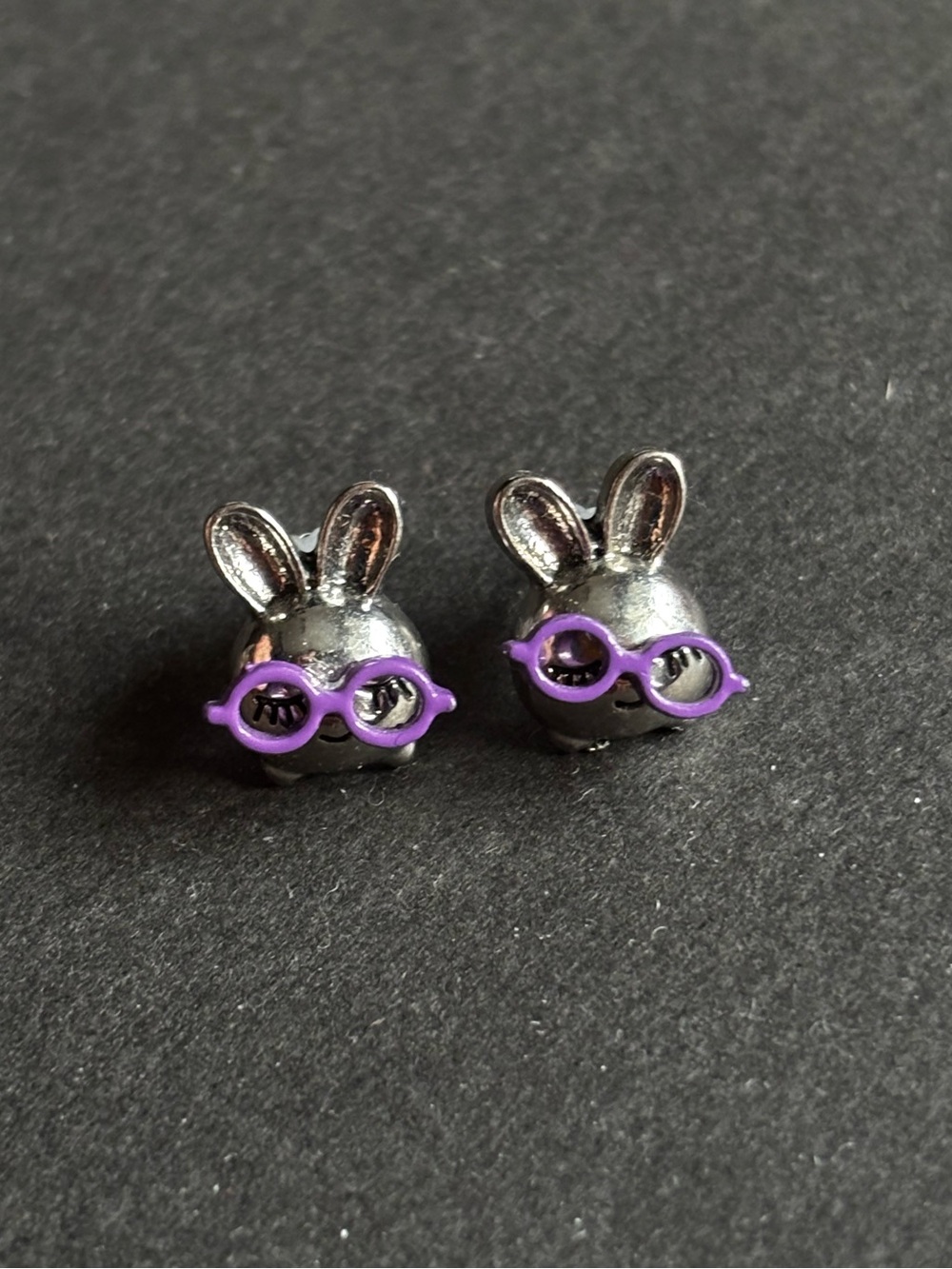 Silver Bunny Stud Earrings | Purple Glasses Cute Kids Animal Jewelry